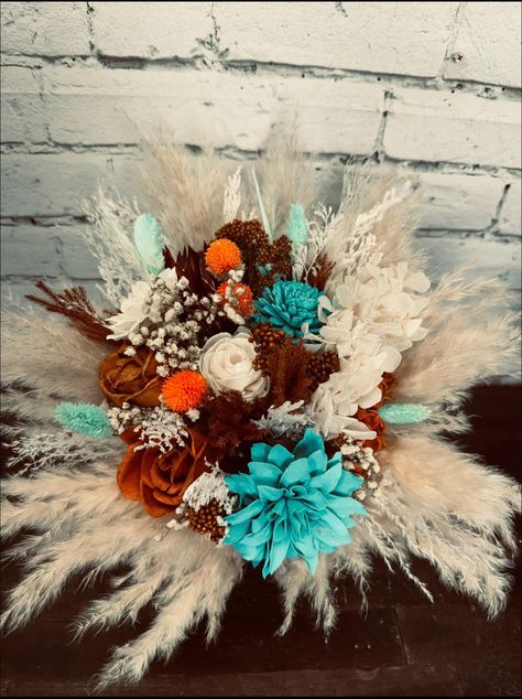 Burnt Orange Turquoise Wedding, Turquoise And Orange Fall Decor, Fall Diy Wedding Decorations, Burnt Orange And Turquoise Wedding, Turquoise And Burnt Orange Wedding, Western Wedding Bouquets, Western Bouquet, Teal Bouquet, Turquoise Bouquet