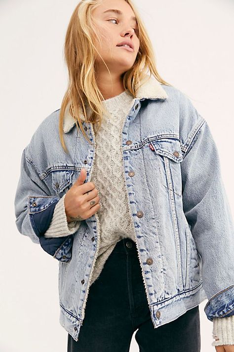 Denim Jackets & Jean Jackets for Women | Free People Jean Jacket Outfits Fall, Sherpa Jacket Women, Sherpa Outfit, Levis Sherpa Jacket, Fleece Lined Denim Jacket, Levis Sherpa, Jean Jackets For Women, Poncho Outfit, Jean Jacket Styles