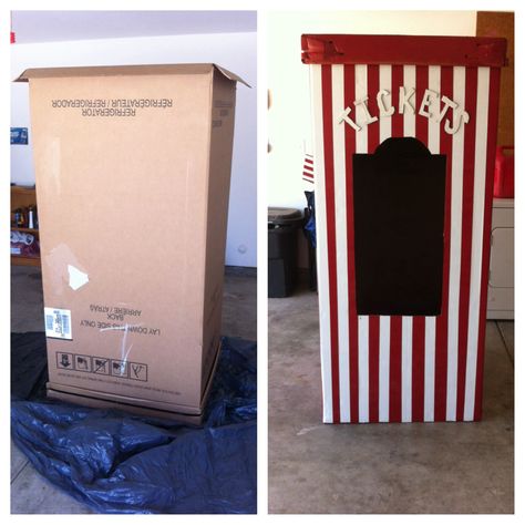 Cardboard Ticket Booth Diy, Diy Ticket Booth Cardboard Boxes, Ticket Booth Halloween, Cardboard Ticket Booth, Movie Ticket Booth, Ticket Booth Diy, Diy Ticket Booth, Clowns Halloween Decorations, Cardboard Stand