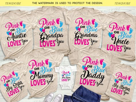 Gender Reveal Family Shirts, Gender Reveal Tshirt Ideas Parents, Gender Reveal Shirt Ideas, Matching Tshirts, Gender Reveal Shirts, Gender Reveals, Baby Gender Reveal, Pink Or Blue, Reveal Party