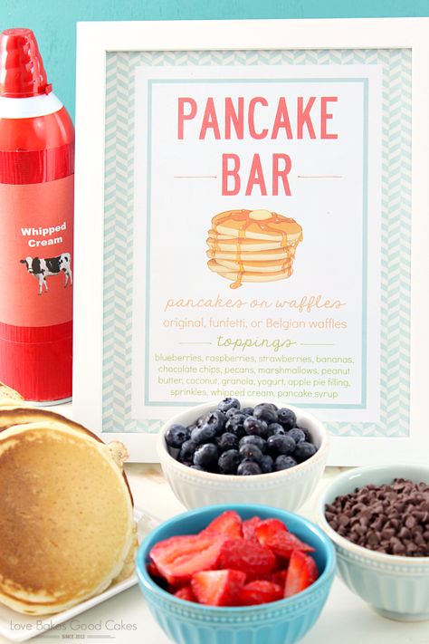 It's easy to host your own Pancake Bar! It's a great idea for weekend brunches, special occasions, or anytime you want a fuss-free meal! AD Pancake Station Ideas, Pancake Fundraiser Ideas, Pancake Breakfast Fundraiser Ideas, Pancake Party Ideas Kid, Breakfast Fundraiser Ideas, Pancake Bar Ideas Brunch Party, Breakfast Graduation Party Ideas, Brunches Ideas, Pancake Party Ideas