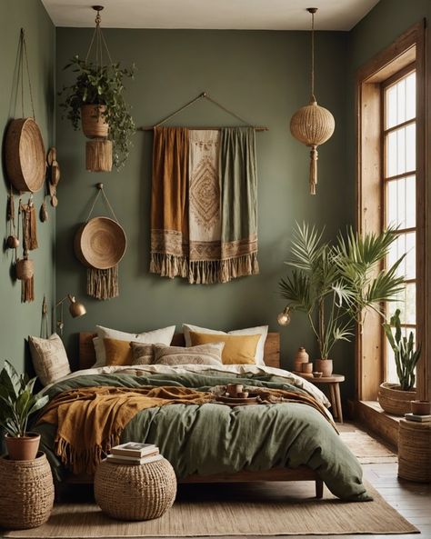 Wall Decoration Boho, Boho Interior Design Bedroom, Boho Bedroom Art, Boho Style Apartment, Boho Style Bedroom Decor, Boho Style Interior Design, Green Boho Bedroom, Apartment Bedrooms, Off The Deep End