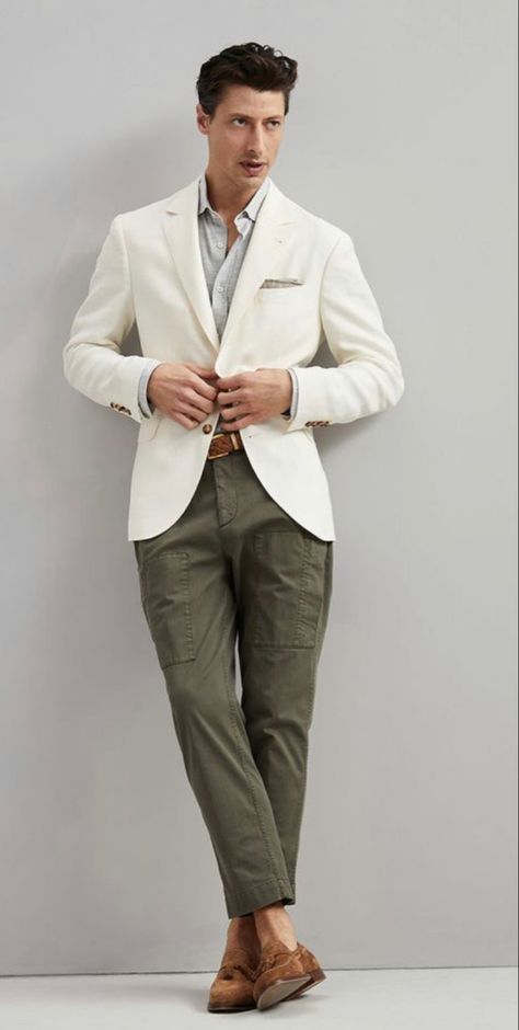 Summer Blazer Outfits, Beige Blazer Outfit, Men Styling, Off White Blazer, Blazer Outfits Men, Summer Blazer, Beige Suits, Mens Fashion Blazer, Black Polo Shirt