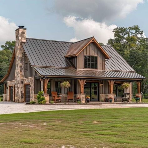 My Dream Home Farmhouse Exterior, Realistic Barndominium, Barndominium Ideas Ranch Style, Black House With Copper Accents, Southwestern House Exterior, Copper Roof Barndominium, Dark Green Barndominium Exterior, Barndominium With Brick, My Dream Home Exterior