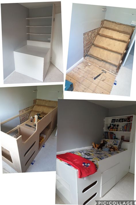 Bespoke bed. Bed over stairs bulkhead. Cabin bed. Boy's room. Storage bed. Box room ideas. Kid's bedroom Box Room Bedroom Ideas For Kids, Stair Box Ideas, Stair Box In Bedroom, Bulkhead Bedroom, Stairs Bulkhead, Box Room Beds, Box Room Bedroom Ideas, Small Kids Bedroom, Kid's Bed