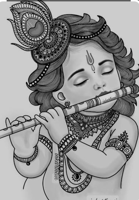 Srikrishna Images, Shree Krishna Mandala Art, Bal Gopal Drawing, Bal Krishna Sketch, Cute Krishna Sketch, Krishna Mandala Art Easy, Krishna Cute Drawing, Lord Krishna Pencil Sketch, Krishna Drawing Mandala