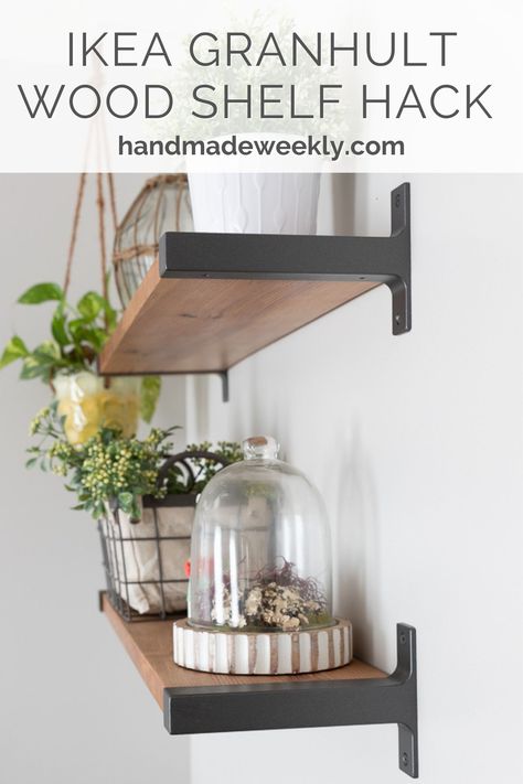 How to paint IKEA metal wall shelf brackets. Tutorial also shows how to make your own wood shelves to hack the IKEA GRANHULT wall brackets. Shelf And Bracket Ideas, Ikea Shelf Bracket, Ikea Bracket Shelves, Wood Shelves Black Brackets, Farmhouse Brackets For Shelves, Simple Shelf Brackets, Metal Wood Shelves, Ikea Shelf Hack Wall Shelves, How To Make Wood Shelves