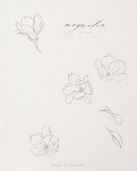 Elegant Stationery, Magnolia Tattoo, Flower Illustrations, Line Art Tattoos, Dainty Tattoos, Hand Drawn Flowers, 자수 디자인, Magnolia Flower, Simplistic Tattoos