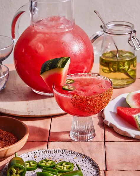 Batched Spicy Jalapeño Watermelon Margarita Spicy Watermelon Margarita, Watermelon Jalapeno Margarita, Granola Dessert, Watermelon Margarita Recipe, Spicy Watermelon, Fourth Of July Celebration, Watermelon Cocktail, Jalapeno Margarita, Watermelon Margarita