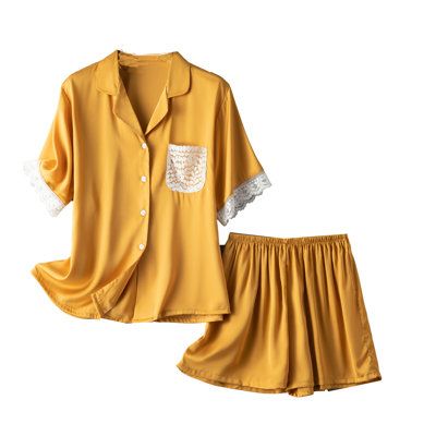 Yellow Pajamas, Summer Pjs, Loungewear Summer, Lace Sleepwear, Cozy Sleepwear, Clothing Guide, House Clothes, Elastic Shorts, Plain Tops