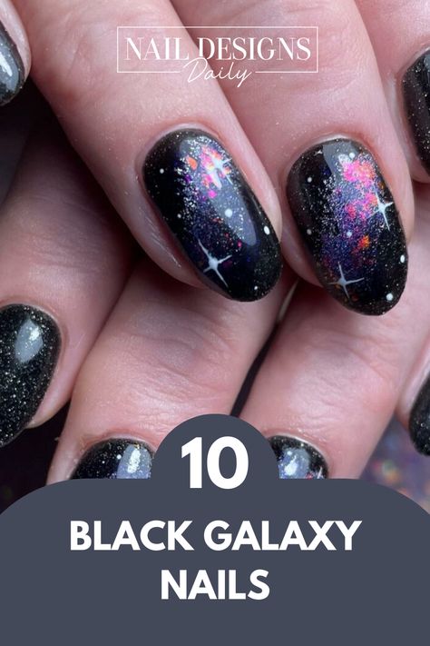 If you’re planning your next manicure and thinking about something out there, we have just what you’re looking for right here – black galaxy nails! Chrome Galaxy Nails, Black Starry Nails, Solar Eclipse Nails Design, Black Space Nails, Solar Eclipse Nails, Celestial Manicure, Black Galaxy Nails, Galaxy Nails Acrylic, Astronomy Nails