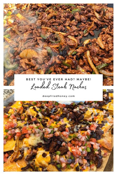 Steak Nachos Easy, Philly Cheese Steak Nachos, Steak And Shrimp Nachos, Meat For Nachos, Roast Beef Nachos, Blackstone Nachos, Steak Nachos Recipe, Steak Fajita Nachos, Fajita Nachos Recipe