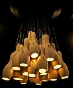 Pin chandelier Bowling Pins Ideas, Bowling Pin Crafts, How To Make A Chandelier, Fun Bowling, Vintage Bowling Shirts, Pins Ideas, Urban Playground, Cluster Lights, Deco Luminaire