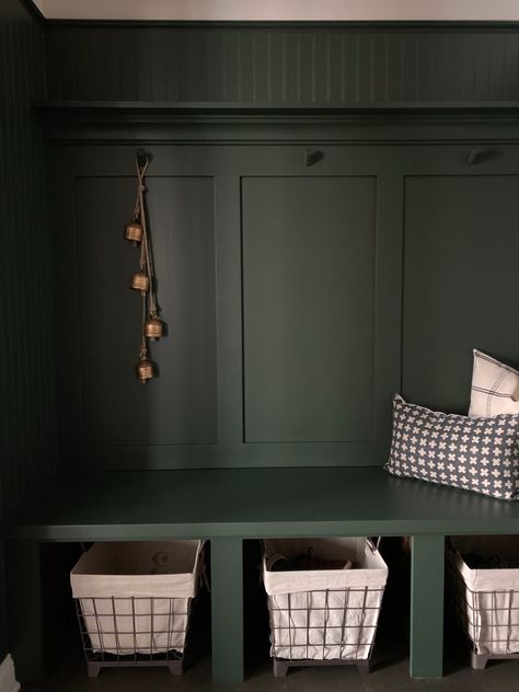 The Best Green Paint Colors to Transform Any Room | Nolan Painting Green Mudroom Walls, Dark Laundry Room Paint Colors, Dark Green Mudroom, Dark Mudroom, Beadboard Mudroom, Moody Mudroom, Green Mudroom, Green Beadboard, Best Green Paint Colors