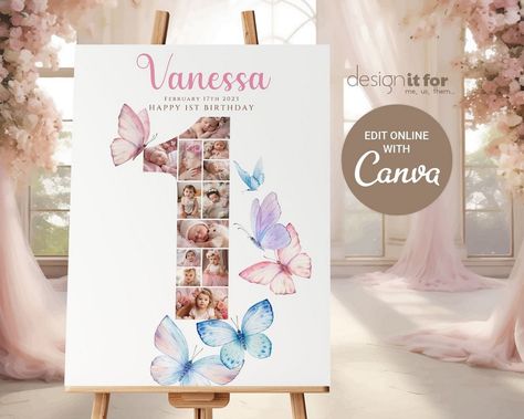 Milestone Markers: First Birthday Sign Ideas Birthday Sign Ideas, Bday Invitation Card, 1st Birthday Milestone Board, Butterfly First Birthday, Number Photo Collage, Baby Handprint Crafts, Photo Collage Poster, Butterfly 1st Birthday, First Birthday Sign