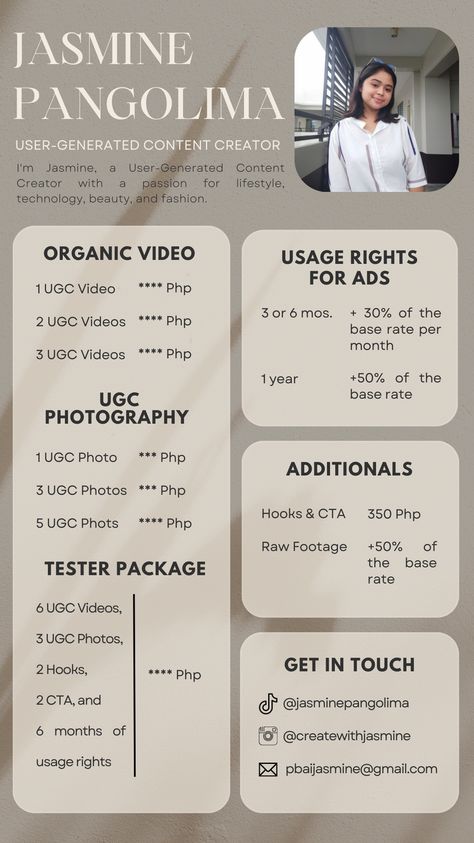 Hey there! Are you a beginner in User-Generated Content (UGC) journey and you're having troubles in creating your Rate Card? Here it is! Feel free to edit 🤗 Rate Card, Free To Edit, Social Media Content Planner, Types Of Social Media, Portfolio Examples, Marketing Planner, Youtube Success, Social Media Content Calendar, Business Marketing Plan