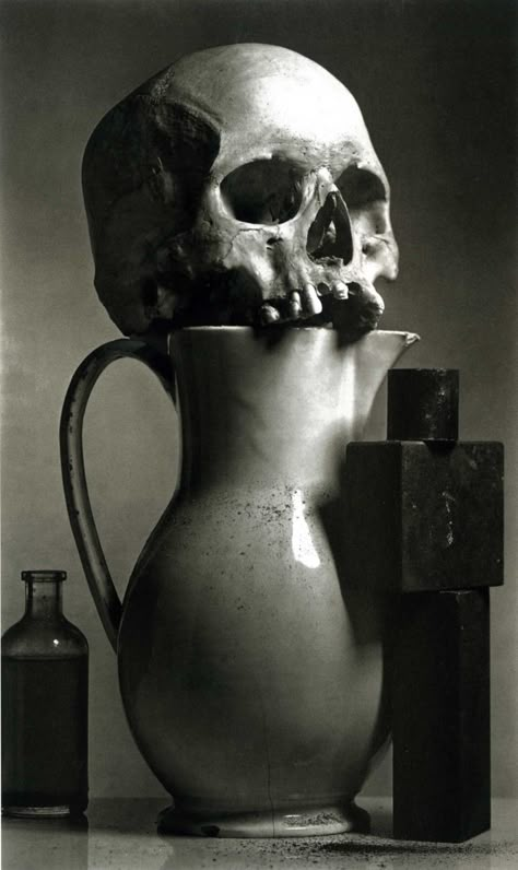 Five pretty Irving Penn faces:    Irving Penn: Still Life, Ospedale, New York, 1980    Penn on this archeology work: “For some years I had been accumulating scraps of material that obsessed me: bits of glass, metal, and bone; a human cranium; old sewing machines; a variety of dusts.” Fashion Fotografie, Irving Penn, Still Life Photos, A Skull, Skull And Bones, Memento Mori, White Photo, Life Drawing, Skull Art