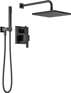 Delta Faucet Modern Raincan 2-Setting Square Shower System Including Rain Shower Head and Handheld Spray Black, Rainfall Shower System Brushed Black, Shower Valve Trim Kit, Matte Black 342701-BL Delta Shower Faucets, Delta Shower Heads, House Lifestyle, Rain Head, Tiny House Inspiration, Home Storage Solutions, Remodel Bathroom, Delta Faucets, Black Shower