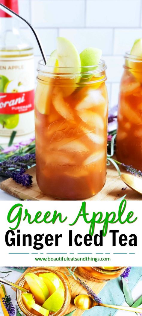 Granny Smith Apple Tea, Green Apple Simple Syrup, Jamba Juice Greens And Ginger Recipe, Porch Drinks, Apple Iced Tea, Summer Tea Recipes, Iced Green Tea Recipe, Torani Recipes, Ginger Iced Tea