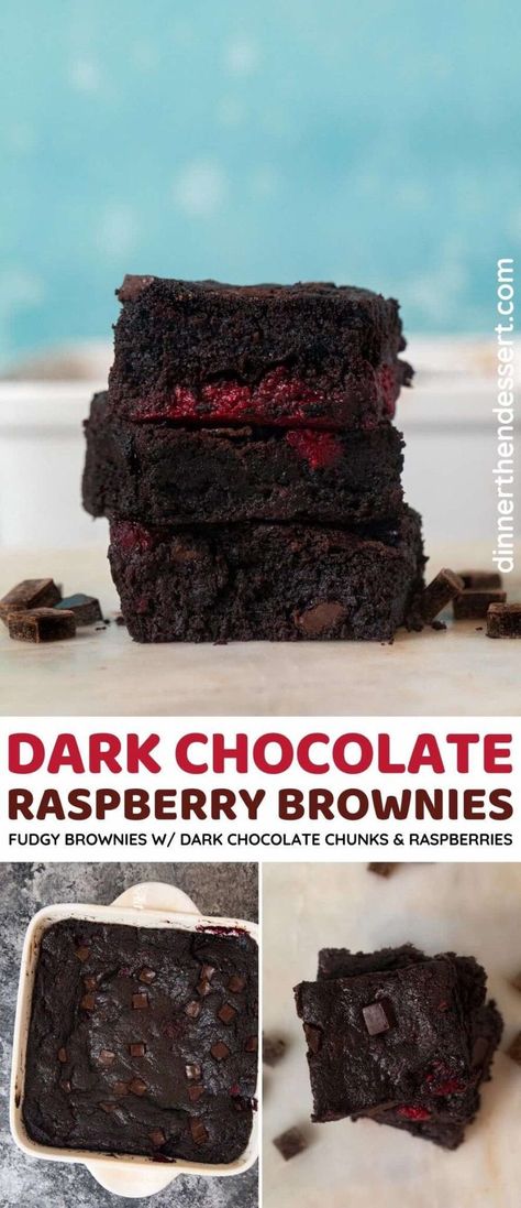 Dark Chocolate Raspberry Brownies are delicious, rich, and moist made with dark chocolate chunks, butter, raspberries, and vanilla extract. They're excellent crowd-pleasing dessert bars! Brownies With Raspberries, Chocolate Raspberry Brownies, Dark Chocolate Desserts, Dark Chocolate Raspberry, Dark Chocolate Recipes, Work Recipes, Simple Desserts, Raspberry Brownies, Xmas Desserts