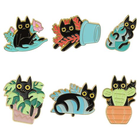 PRICES MAY VARY. Cats Hidden in Potted Plants Enamel Pins: Our black cat enamel pins are designed with the theme of a combination of cat and potted plants. Each black cat freely shuttles between plants and plays happily and its cute shape will easily attract people's attention. You will get 6 pieces of different styles of cat pins that you can wear with these adorable enamel badge pins on jackets, sweaters or backpacks. High Quality: These aesthetic clothing lapel pins are made of durable metal Cat Themed Accessories, Punk Badges, Plant Enamel Pin, Gatto Carino, Cartoon Cats, Cartoon Backpack, Cat Enamel Pin, Söt Katt, Cat Hiding