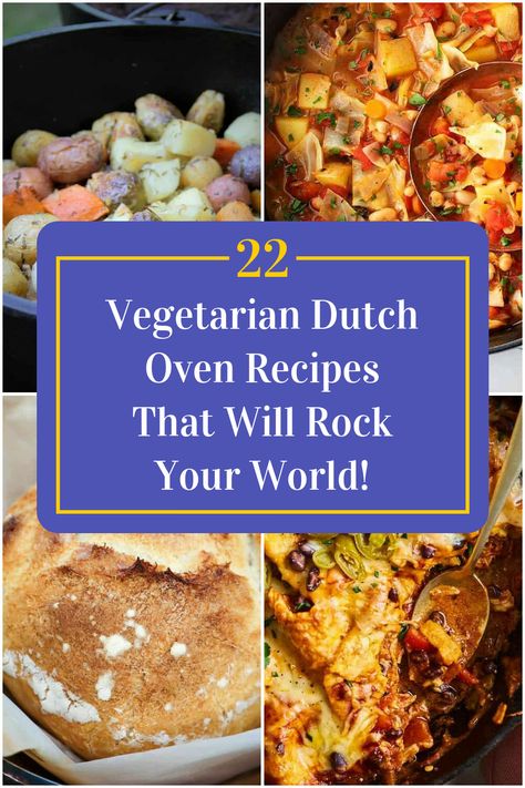 Collage of 4 vegetarian dutch oven recipes. Vegan Dutch Oven Recipes, Vegetarian Dutch Oven Recipes, Vegan Dutch Oven, Vegetarian Dutch Oven, Vegan Squash, Dutch Oven Chili, Vegetarian Freezer Meals, Delicious Vegetarian Recipes, Sweet Potato Soup Recipes