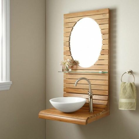 Wall Mounted Vanity Bathroom, Small Bathroom Sinks, Modern Bathroom Remodel, Wall Mounted Bathroom Cabinets, Rustic Bathroom Vanities, Washbasin Design, Teak Wall, Basin Design, Small Toilet