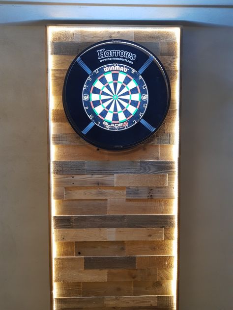 Dart Board Lighting Ideas, Pallet Dart Board Wall, Home Dartboard Setup, Dart Board Backboard Diy, Dart Board Cupboard, Darts Board Ideas, Dart Board Wall Diy, Dart Board Wall Ideas, Dart Board Ideas