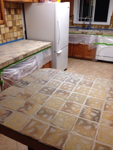 Concrete Over Tile Countertops, Tile Countertops Redo, Painting Tile Countertops, Brown Kitchen Tiles, Tile Countertops Diy, Countertop Redo, Countertop Remodel, Tile Countertops Kitchen, Countertop Makeover