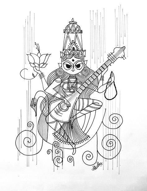 Saraswati Saraswati Sketch, Saraswati Tattoo, Navratri Painting, Saraswati Art, Abstract Pencil Drawings, Pen Art Work, Pen Art Drawings, Beautiful Art Paintings, Indian Folk Art