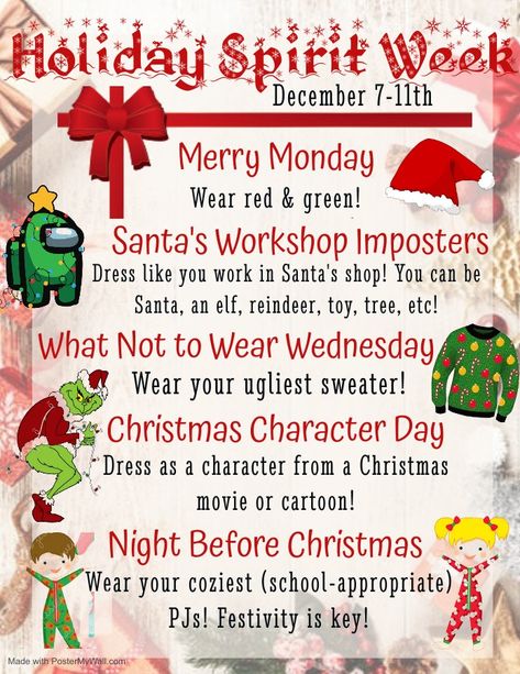 Christmas Work Spirit Week, Christmas Work Week Ideas, Holiday Giving Back Ideas, December Spirit Days, Office Holiday Spirit Week Ideas, Preschool Class Party Games, Christmas School Spirit Week Ideas, Christmas Spirit Week Ideas For Daycare, Christmas Work Ideas 12 Days Of