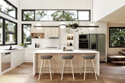 Island Kitchen Ideas Modern, Corner Kitchen Layout, Modern L Shaped Kitchens, L Shape Kitchen Design, Kitchen Layouts With Island, Moon Board, Modern Contemporary Kitchen, Bungalow Kitchen, Indoor Kitchen