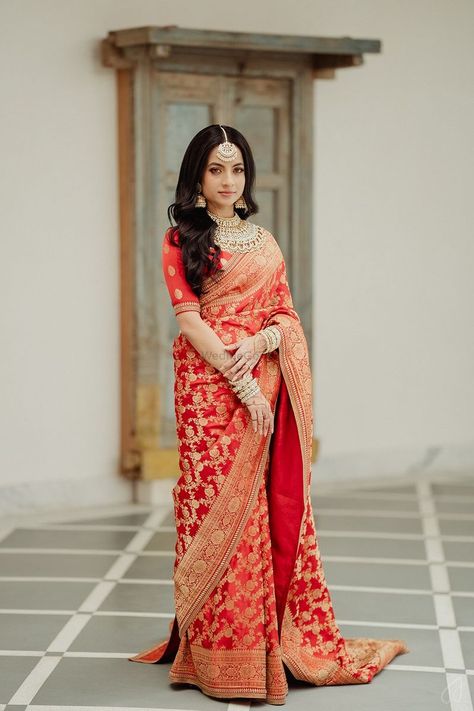 Photo from Tessa and Vishnu Wedding Red Saree Styling, Vishnu Photo, Engagement Sarees, Red Saree Wedding, Udaipur Wedding, Temple Marriage, Wedding Illustrations, Bridal Entry, Engagement Saree