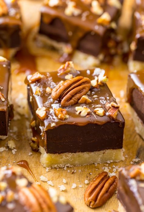 These Salted Caramel Turtle Fudge Bars are crunchy, creamy, and chewy! And the best part is they're so easy to make. See’s Candy Recipes, September Dessert Ideas, Ashley Manila, Christmas Dessert Bars, September Desserts, Candy Bars Ideas, Turtle Fudge, Fitness Recipes, Fudge Bars