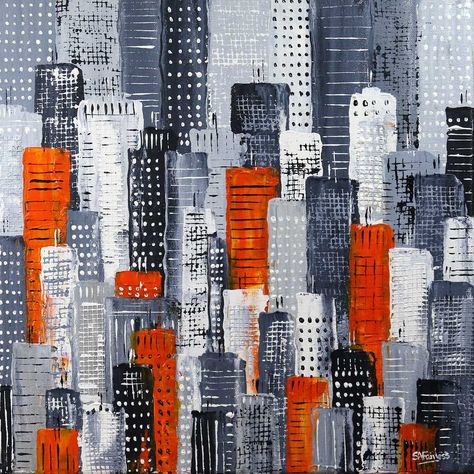 City Skyline Painting, Abstract Cityscape Painting, Abstract Cityscape, Grey And Orange, Skyline Painting, Building Painting, City Block, Abstract City, Architecture Drawing Art