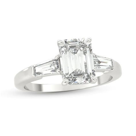 2 CT. T.W. Emerald-Cut and Baguette Diamond Three Stone Engagement Ring in Platinum Raw Diamond Jewelry, Emerald Cut Engagement Ring, Baguette Engagement Ring, Future Engagement Rings, Three Stone Engagement Ring, Emerald Engagement Ring Cut, Engagement Ring Diamond Cut, Engagement Rings Platinum, Stone Engagement Ring