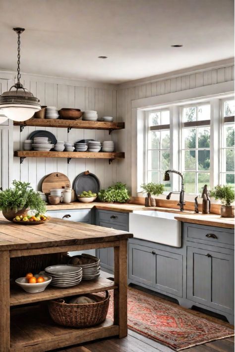 Kitchen Design Farmhouse Modern, Timeless Rustic Kitchen, All Wood Island, Cottage And Farmhouse Style, Farmhouse Western Kitchen, Modern Farmhouse Kitchen Island Butcher Block, Rustic Cabinets Farmhouse Style, Masculine Farmhouse Kitchen, Kitchen Inspo Farmhouse