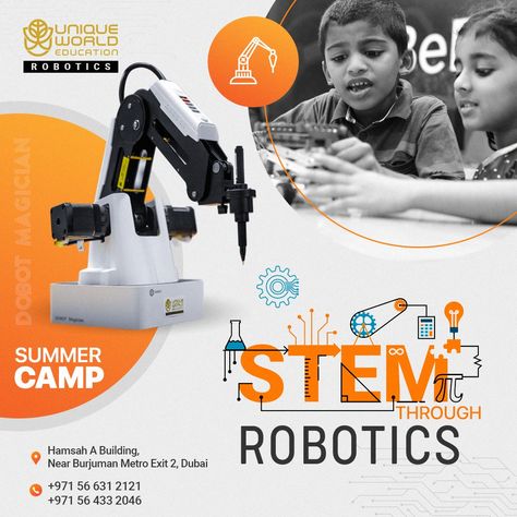 Provide STEM (Science, Technology, Engineering, and Mathematics) education for the kids to equip them with all set of technical skills.  Ring us on +971 56 631 2121.  #robotics #howtomakearobot #tech #automation #innovation #machinelearning #design #manufacturing #roboticeducation #deeplearning #uniquerobotics #befutureready Robotics Workshop, Kids Lab, Learning Template, Learn Robotics, Standee Design, Educational Robots, Education Poster Design, Lego Education, Technology Posters