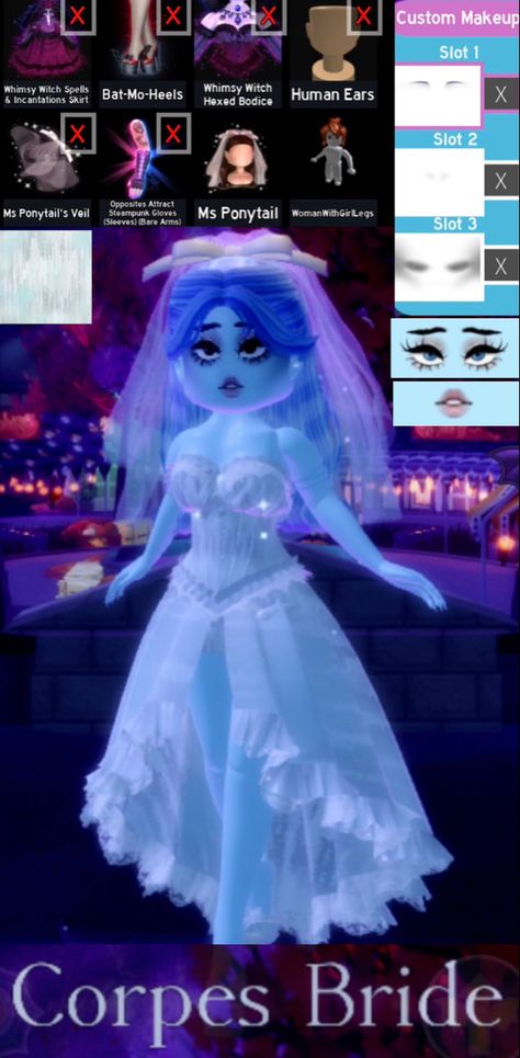 Roblox Royal High / Royaloween outfit inspo. Fairytale Rh Outfit, Emily Corpse Bride Royale High, Galaxy Fashion Royale High, Futuristic Outfits Royale High, Anime Royale High Outfits, Corpse Bride Royale High, Royale High Futuristic Outfit, Space Fashion Royale High, Steampunk Style Royale High