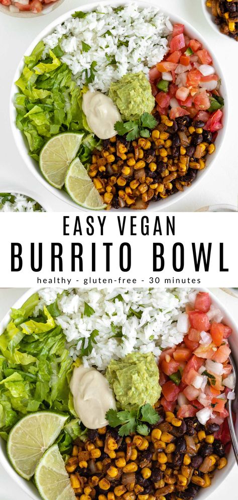 Vegan Burrito Bowl, Burrito Vegan, Burrito Bowl Recipe, Authentic Mexican Recipes, Vegan Burrito, Vegan Lunch Recipes, Lime Rice, Cilantro Lime Rice, Tasty Vegetarian Recipes