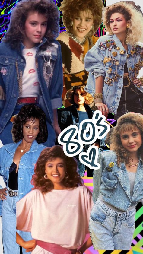 Denim 70s Fashion, Eighties Rock Fashion, 80s Fashion Moodboard, Neon 80s Party Outfit, 80s Outfits With Jeans, Eighties Party Outfit, 80s Party Theme Outfit, Retro 80s Outfits Aesthetic, Denim 80s Outfit