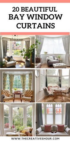 20 Amazing Bay Window Curtains For Your Home Bay Window Room Ideas, Bay Window Drapes Ideas, Farmhouse Bay Window Ideas, Bay Window Curtain Ideas Living Room, Bay Window Dressing Ideas, Bay Window Blinds And Curtains, Curtains On Bay Window, Large Window Curtain Ideas, Curtains For Bay Window In Living Room