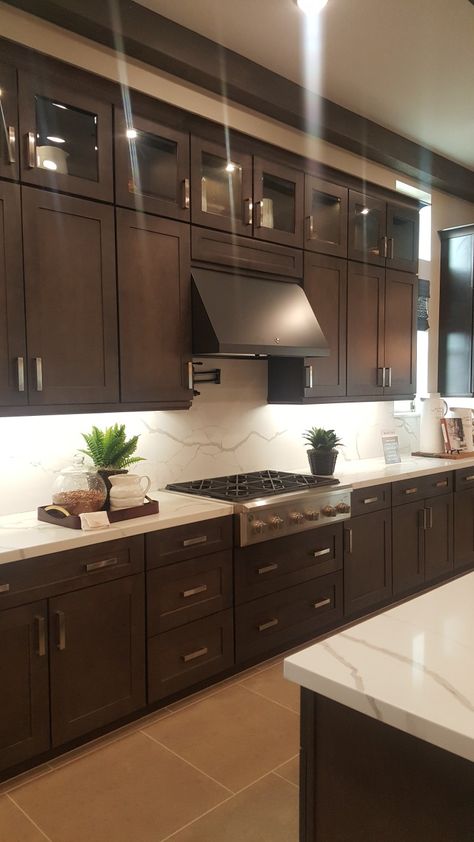 Cabinet pulls, stove, hood Kitchen Cabinet With Gold Hardware, Stove Hood Ideas, Kitchen With Dark Cabinets, Stove Hood, Espresso Kitchen Cabinets, Hood Ideas, Brown Kitchen Cabinets, Bronze Cabinet, Brown Kitchen