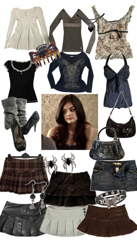 aria montgomery pretty little liars autumn and fall fashion inspiration and style outfit inspiration collage Aria Core, Aria Outfits, Aria Aesthetic, Pll Aria, 2000s Fashion Inspiration, Aria Montgomery Style, Pretty Little Liars Aria, Cute Collages, Ahs Style