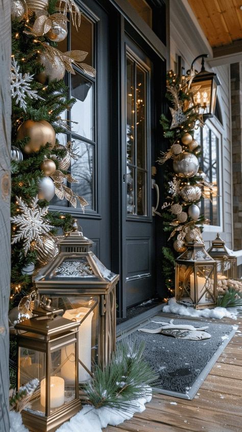 Front Door With Lanterns, Elegant Outdoor Christmas Decor Porch Ideas, Narrow Front Porch Christmas Decor, Gold Christmas Porch Decor, Front Door Embellishments, Christmas Door Garland Ideas Entrance, Christmas Trees By Front Door, Front Door Decor Lanterns, Classy Outside Christmas Decor