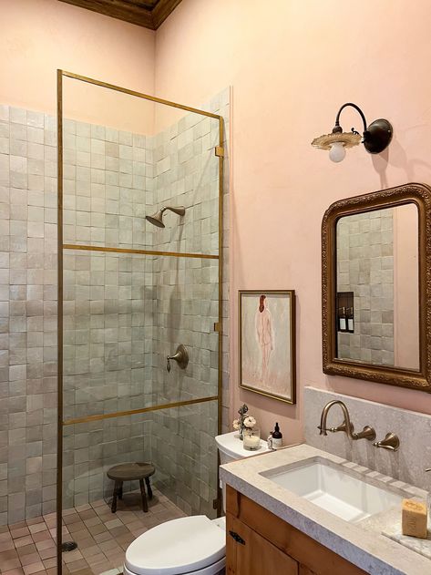 My DIY Shower Glass Panel - Claire Zinnecker Design Brass Glass Shower Door, Update Shower Doors, Framed Glass Shower Doors, Diy Shower Glass Panel, Diy Glass Shower Door, Gold Shower Door, Brass Shower Door, Panel Shower Door, Shower Door Frame