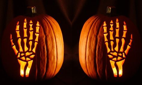 Pumpkin | 9 Skeleton Hand Pumpkin Carving, Skeleton Hand Pumpkin, The Great Pumpkin Patch, Amazing Pumpkin Carving, Pumpkin Display, Samhain Halloween, Halloween Pumpkin Designs, Pumpkin Carving Patterns, Journal News