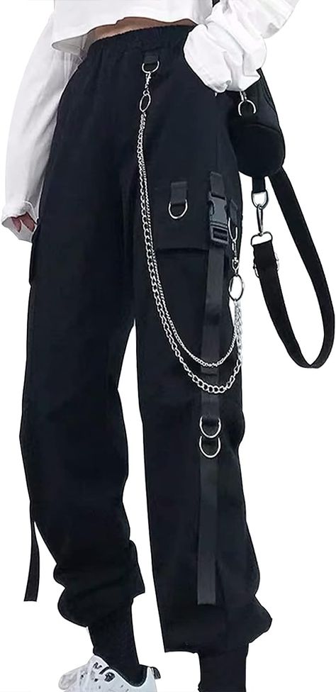 Amazon.com: Women Trousers Pants with Chain Pocket High Waist Capri Cinch Bottom Sweatpants Joggers : Clothing, Shoes & Jewelry Cargo Pants Women Baggy, Harem Pants Fashion, Tripp Pants, Estilo Tomboy, Gothic Pants, Plus Zise, Mode Punk, Mode Hippie, Baggy Cargo Pants