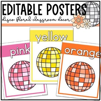 This set of retro, groovy color posters have a disco ball design. They will compliment your boho, disco, floral classroom decor. They are editable through PowerPoint with two fonts embedded. Easily change the language to French or Spanish. It comes in one - full page (8.5 x 11 in) but you can easily print 2 per page through your printer settings. Simply print and hang!What's Included:Colors:whitegrey/grayredblueyellowgreenorangepinkpurplebrownblackIf you have any questions, click on the "Q and A Disco Floral Classroom, Disco Classroom Decor, Classroom Decor 2024, Disco Ball Classroom Theme, Disco Ball Classroom, Disco Classroom Theme, Swiftie Classroom, Groovy Classroom Theme, Disco Classroom