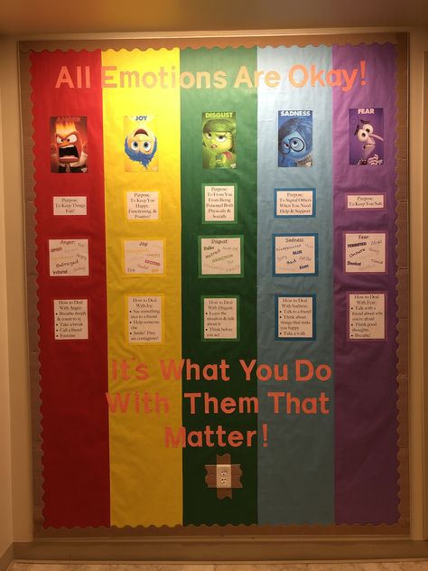 This bulletin board was about emotion control. The purpose of the 5 different emotions were given along with synonyms for each emotion and some ways to deal with these emotions. This board was themed from the movie Inside Out. Socio Emotional Bulletin Boards, Emotion Board Feelings, Feelings And Emotions Bulletin Board, Inside Out Emotions Bulletin Board, Calm Down Bulletin Board Ideas, Emotion Board Preschool, Social Work Room Ideas, Emotions Bulletin Board Ideas Preschool, Emotion Wall Classroom